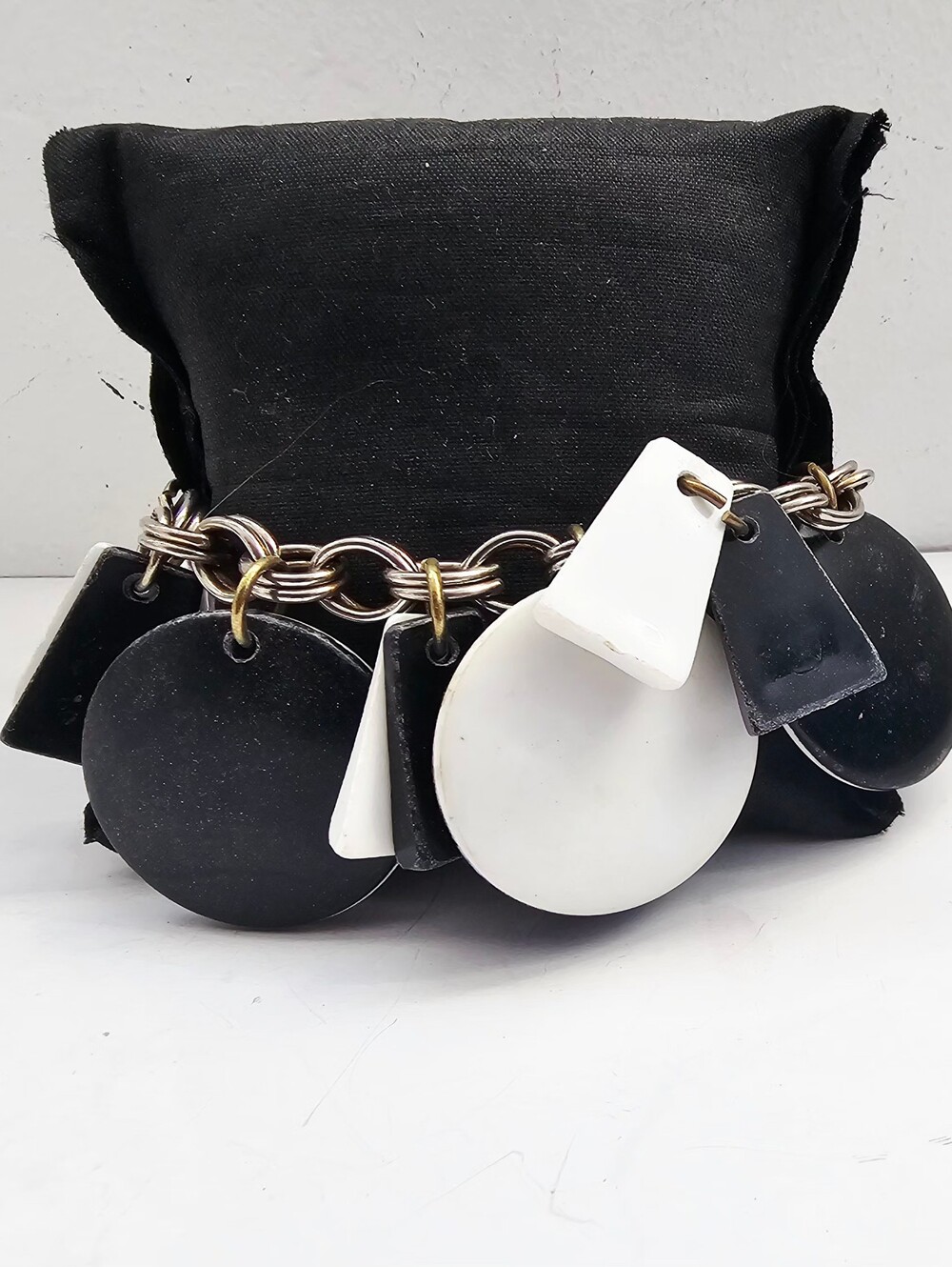 OOAK 1980s Vintage Mod Geometric Black & White Disc Charm Bracelet